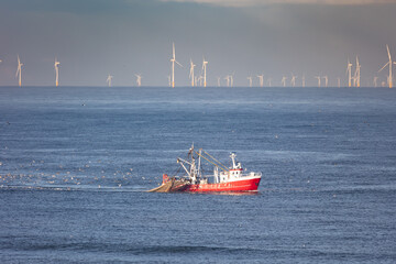 A cutter with lifted drag nets on the North sea with wind turbines in the background