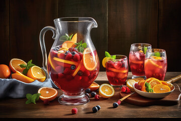 A colorful sangria , showcasing a large pitcher filled with red or white wine, fresh fruit, and a splash of brandy, accompanied by glasses filled with the refreshing beverage. Generative Ai - obrazy, fototapety, plakaty