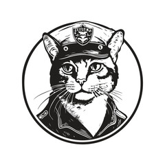 cat in uniform, vintage logo concept black and white color, hand drawn illustration
