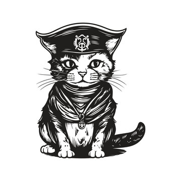cat wearing pirate clothe, vintage logo concept black and white color, hand drawn illustration