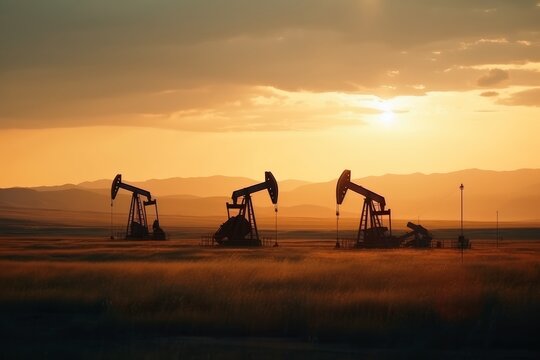 A field of oil wells pumping oil out of the ground created with generative AI technology.