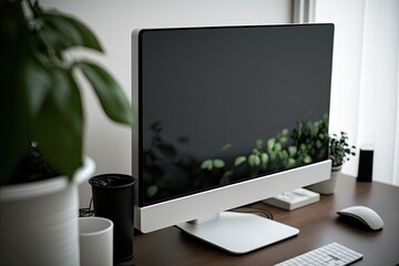modern computer monitor on a wooden desk. Generative AI