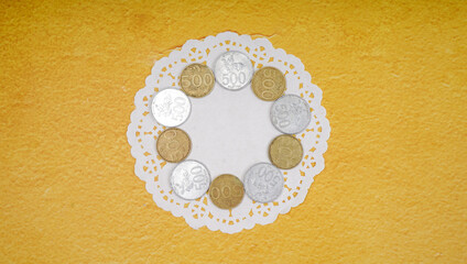 Pile of Rupiah coins on yellow background. Indonesian currency. investment, business and saving money concept