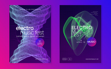 Music fest neon flyer. Electro dance. Electronic trance sound. Techno dj party. Club event poster.