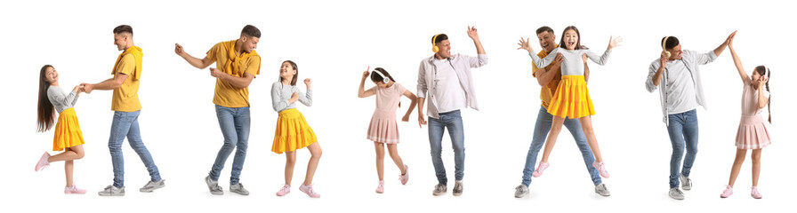 Collage of happy father and his little daughter listening to music on white background