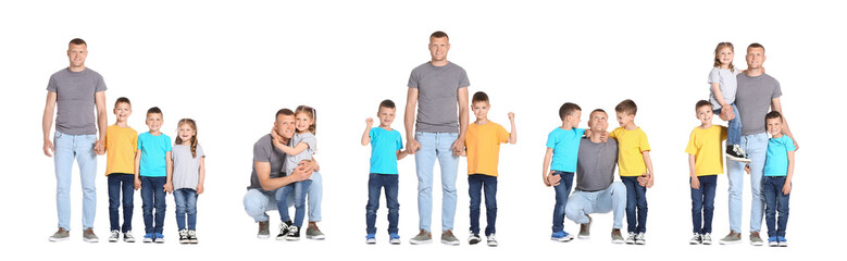 Fototapeta premium Collage of happy father and his little children on white background