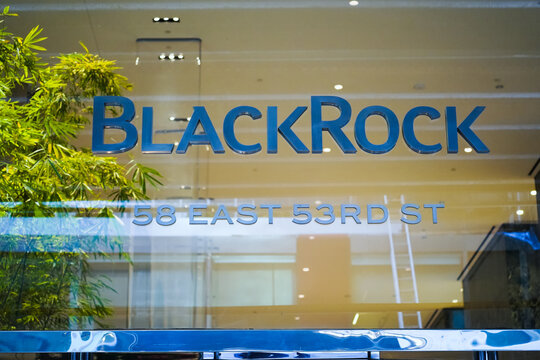 New York, NY - April 9, 2023 : Blackrock investment management office building entrance name logo at 53rd Street corporate headquarters in Midtown, Manhattan