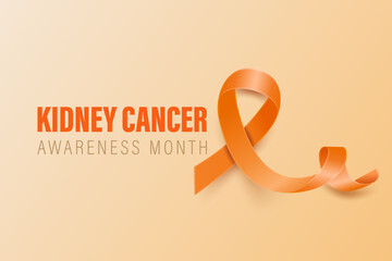 Kidney Cancer Banner, Card, Placard with Vector 3d Realistic Orange Ribbon on Orange Background. Kidney Cancer Awareness Month Symbol Closeup. World Kidney Cancer Day Concept