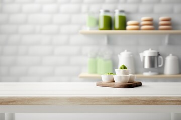 Fototapeta na wymiar minimalist white table with teacups and saucers. Generative AI