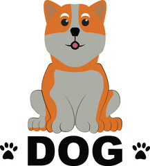 Happy cartoon puppy sitting, Portrait of cute  dog wearing collar. Dog friend. Vector illustration. Isolated on white background.