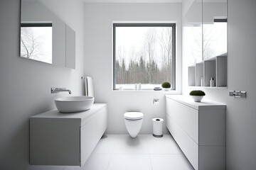 Naklejka na ściany i meble modern white bathroom with toilet, sink, and mirror. Generative AI