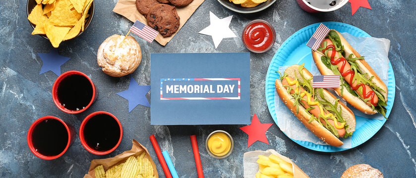 American traditional food and greeting card for Memorial Day on blue background, top view