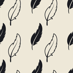 Vector Seamless Pattern with Different Black Fluffy Feather Silhouettes on White Background. Design Template of Flamingo, Angel, Bird Feathers for Wall Paper, Textile. Lightness, Freedom Concept