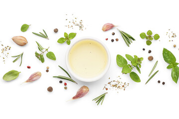Composition with bowl of oil, spices and herbs on white background