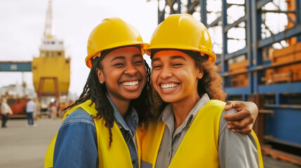 Obraz na płótnie Canvas Two Smiling Young Adult Multiethnic Female Workers Wearing Hard Hat and Safety Vest Standing at a Shipping Dock - Generative AI.