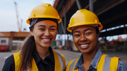 Two Smiling Young Adult Multiethnic Female Workers Wearing Hard Hat and Safety Vest Standing at a Shipping Dock - Generative AI.