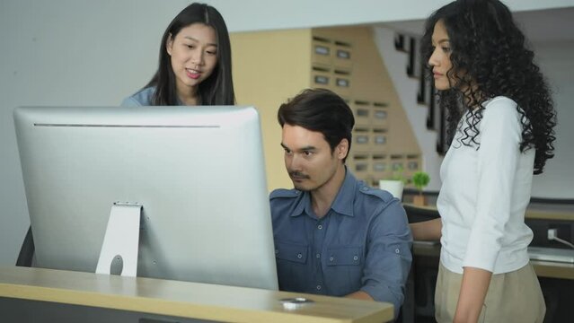 Business concept of 4k Resolution. Group of Asian business people summarizing their work and coming up with ideas in the office. casual business plan.