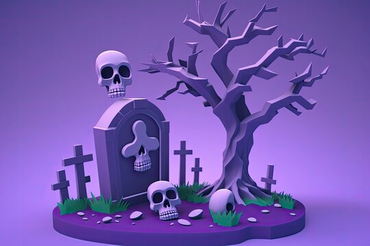 spooky cemetery with skulls and a bare tree in 3D rendering. Generative AI