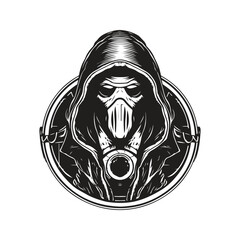 hooded scifi, vintage logo concept black and white color, hand drawn illustration