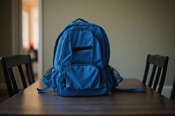 blue backpack placed on a rustic wooden table. Generative AI