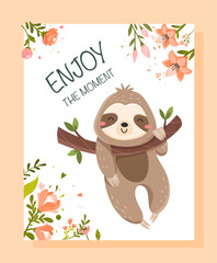 Cute sloth banner. Enjoy moment. Charming mammal hangs on branch. Poster or banner for website. Exotic and tropical jungle, flora and fauna. Cartoon flat vector illustration © 100% HAND-CRAFTED