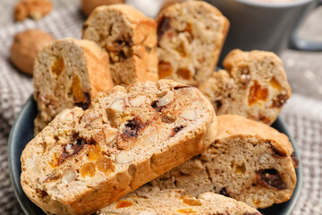 Bowl of tasty biscotti cookies, closeup