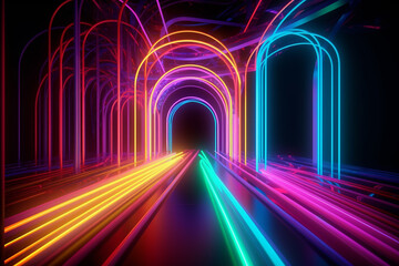 renderização 3D, fundo neon abstrato com linhas brilhantes coloridas