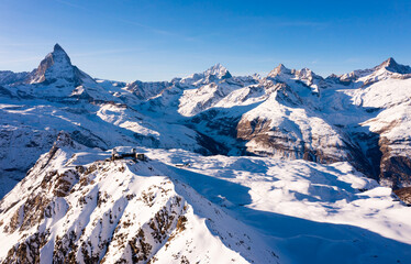 Swiss Alps landscapes with Matterhorn mount in Switzerland, observatory at 3,120 meters above sea level at Gornergrat