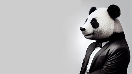A man with a panda head and in an office suit, on an isolated gray background. Generative AI