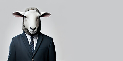 A man with a sheep's head, an office suit, on a gray background. Generative AI