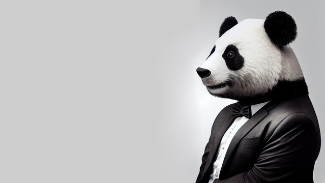 A man with a panda head and in an office suit, on an isolated gray background. Generative AI