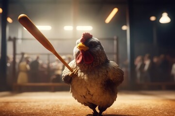 Chicken Athletic Baseball Player Swinging Baseball Bat In Evening Generative AI
