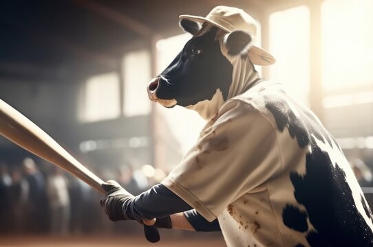 Dairy Cow Athletic Baseball Player Playing Baseball In Professional Leaugue Generative AI