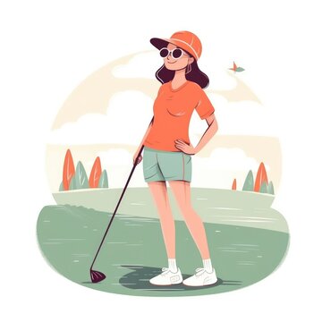 Girl golfer playing a green background, cartoon illustration with generative ai