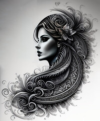 Hand Drawn Sketch Beautiful Drawing of Elegant Women in Fashionable Pose, Graceful Women Sketch in Black and White, Minimalist Illustration of Women, illustration of a tattoo