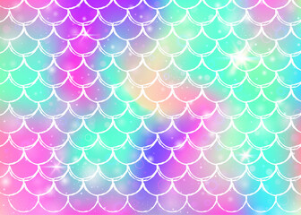 Rainbow scales background with kawaii mermaid princess pattern.