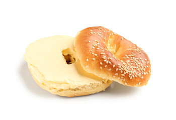 Tasty bagel with cream cheese on white background
