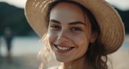 Happy young woman enjoying freedom at the beach. Generative AI