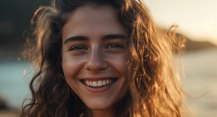 Fototapeta premium Happy woman enjoying freedom at the beach. Generative AI