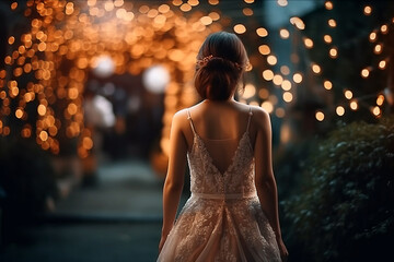 Noiva bonita para uma caminhada, desfocada atrás da decoração romântica das luzes do casamento