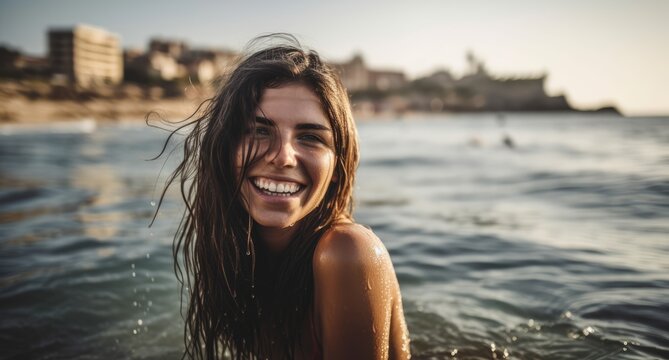 Happy woman enjoying freedom at the beach. Generative AI