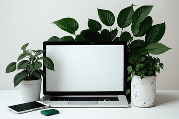laptop computer and a potted plant on a desk. Generative AI