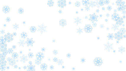 Winter frame with blue snowflakes for Christmas and New Year celebration. Horizontal winter frame on white background  for banners, gift coupons, vouchers, ads, party events. Falling frosty snow.