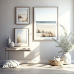 A mock-up living room in 3D rendering, with a soft color palette and natural textures that evoke a sense of calm and relaxation. generative AI
