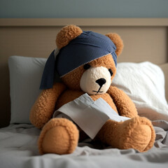 Teddy bear with bandage laying in bed. Generative AI