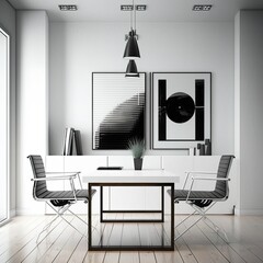 A beautiful modern office in white color, with modern chairs, minimalist pictures on the wall, elegant glass table, Generative AI.