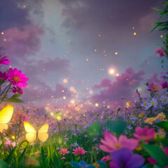 Obraz na płótnie Canvas A garden filled with colorful flowers, butterflies, and fireflies is magical and enchanting. 3D Artwork adds realism to the atmosphere.