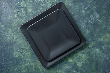 top view black plate empty and square shaped on dark background restaurant dinner meal food...