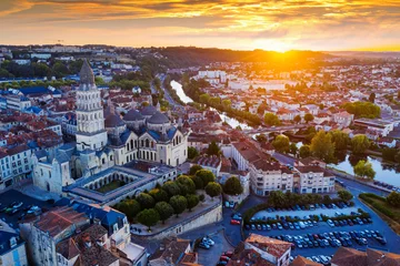 Vlies Fototapete Altes Gebäude Aerial view of Perigueux cityscape and cathedral of St Front in Dordogne department, southwestern France, during summer sunrise