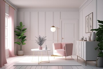 modern living room with a pink accent chair and a white coffee table. Generative AI